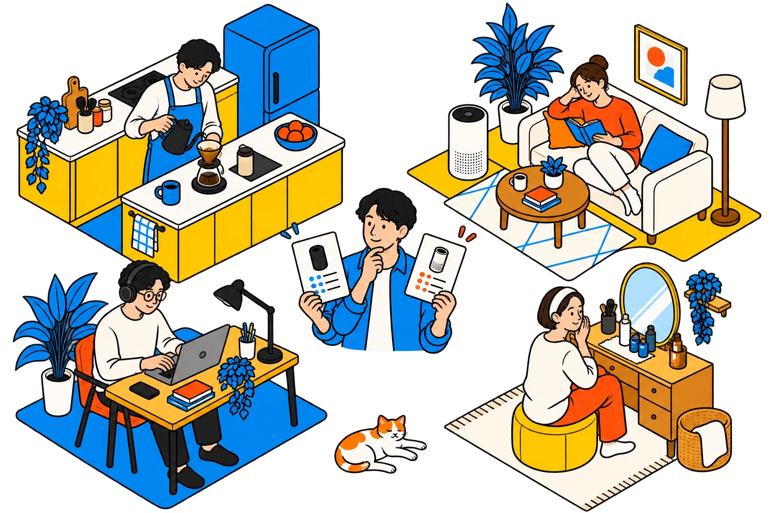 キッチン、リビング、デスクなど、暮らしの中でモノを選ぶ人々のイラスト